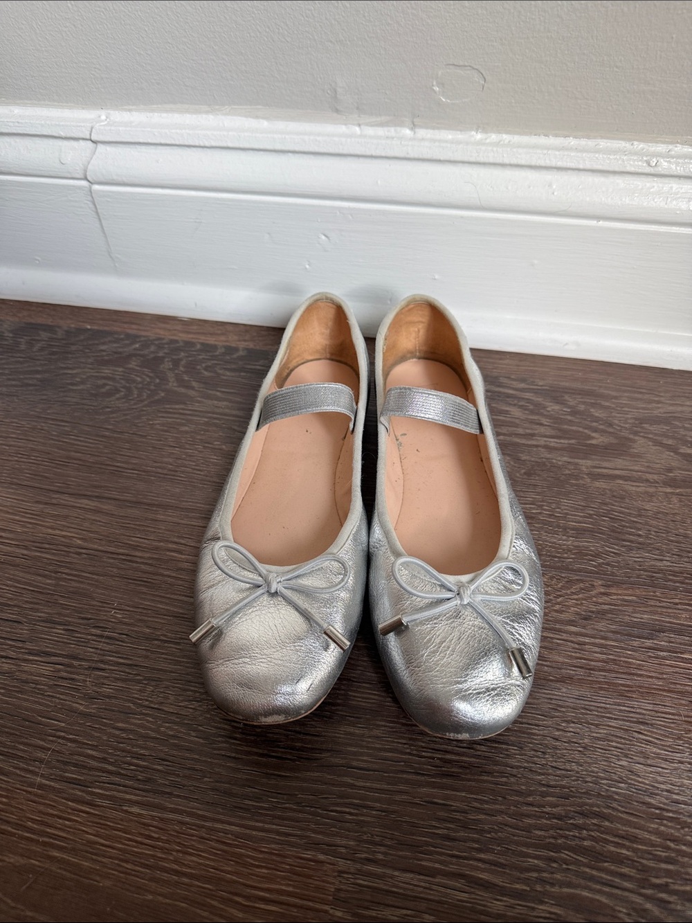 Dune London Metallic Silver Ballet Flats with Bow and Strap